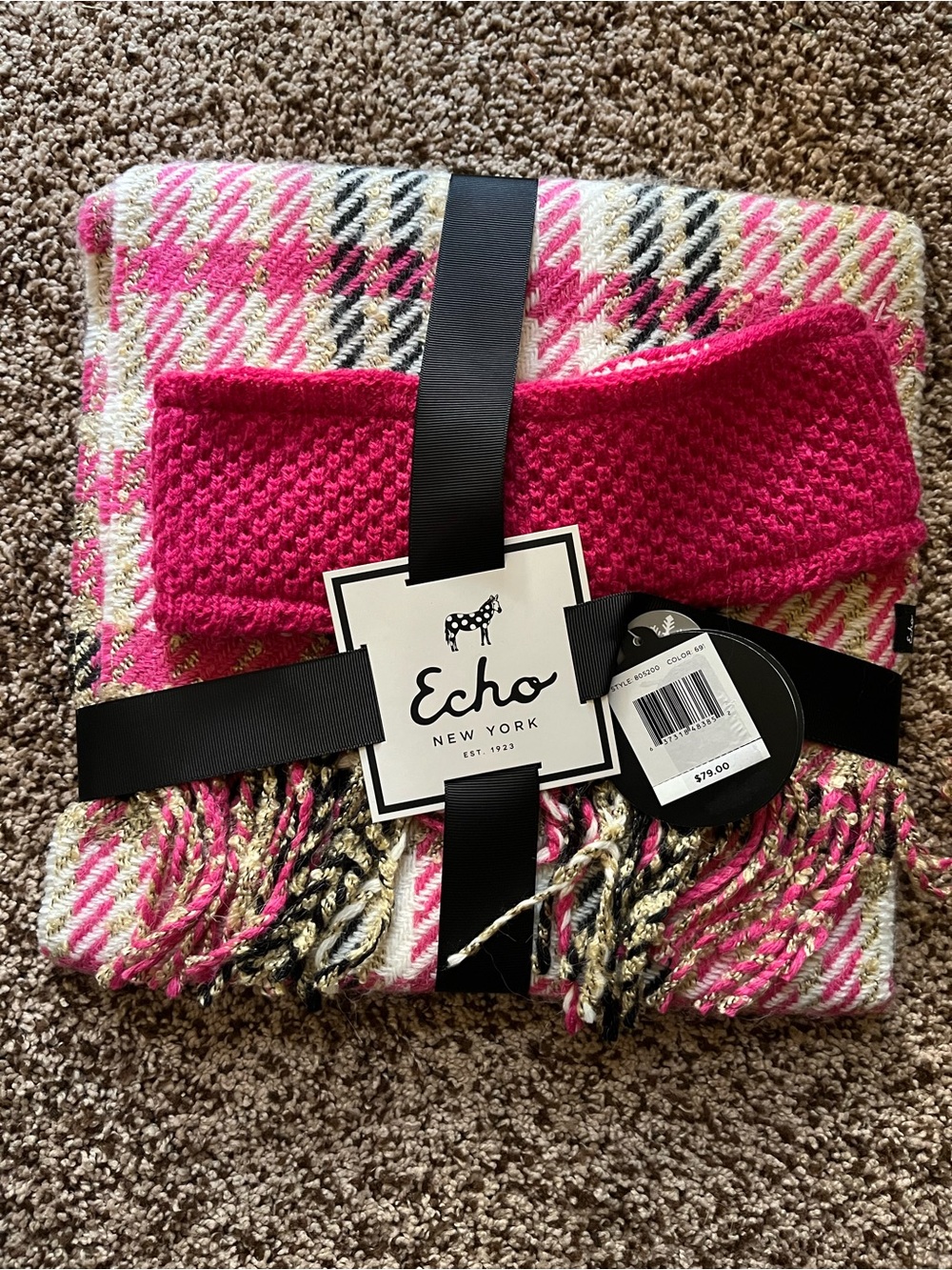 Echo Design Pink Cream and Black Plaid Knit Scarf & Wrap Set